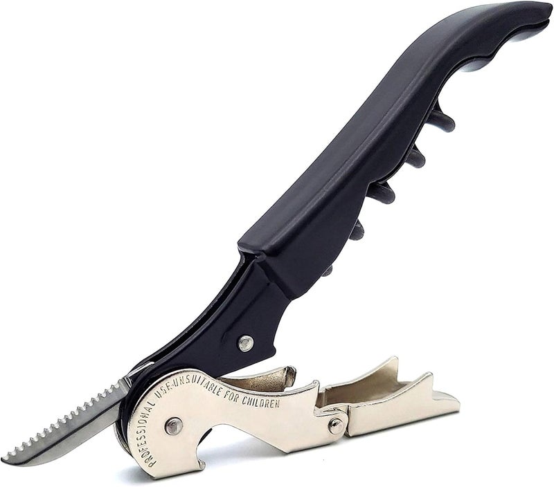 Pulltap's Genuine Classic 500 LEFT-HANDED Waiter's Corkscrew – Double-Hinged Wine Key with Hinged Foil Cutter – Patented Design – Made in Spain – Black (Negro) - Image 1